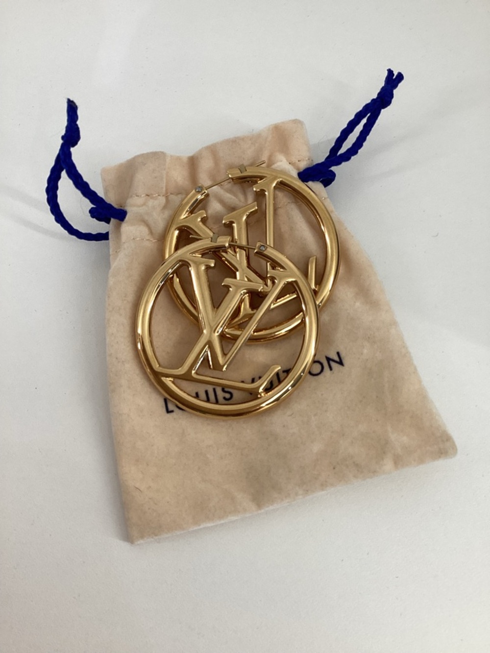 Pre Owned Louis Vuitton Gold Plated LV 2" Hoop Pierced Earrings. - Picture 2 of 3